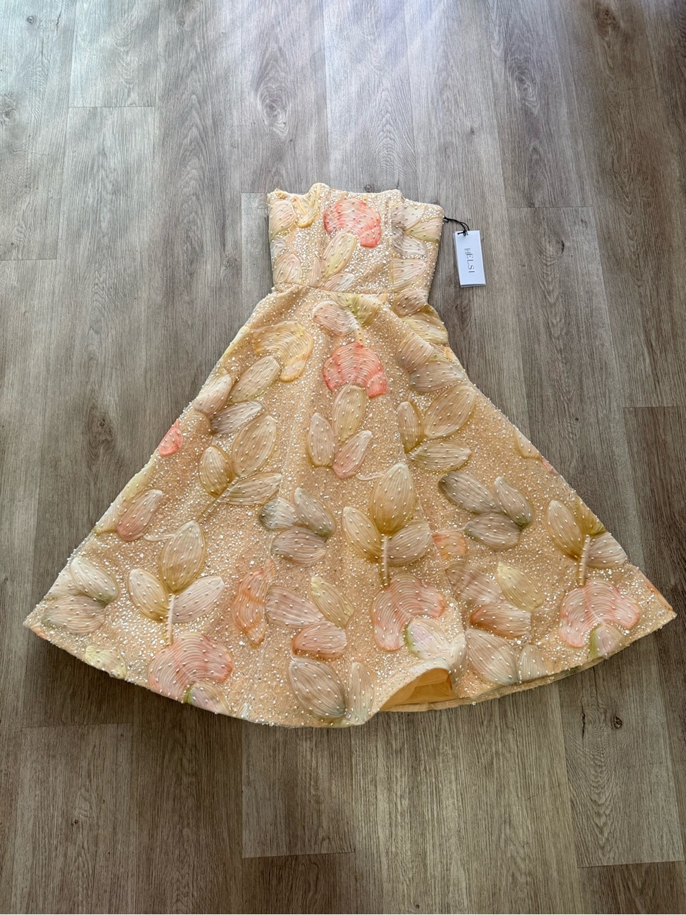 helsi vivi orange 3d floral embellished beaded strapless midi dress size XS NEW